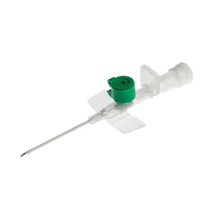 The BD Venflon Pro IV Cannula (18G, Green) features a back-cut ground steel needle and molded catheter tip for secure puncture and smooth insertion. It includes flexible wings, a snap-on lid injection port, and a radiopaque polyurethane catheter, ensuring minimal risk of contamination and mechanical phlebitis.