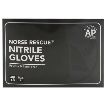 The NORSE RESCUE® Nitrile Gloves, available in various sizes and a distinctive bright blue color, offer robust hand protection for a range of tasks and procedures. Made from durable, puncture-resistant nitrile, these gloves are ideal for those with latex allergies, as they are latex and powder-free. Packaged conveniently in pairs within a small cardboard box, they are essential for medical, first aid, and personal protective scenarios, ensuring safety and hygiene.