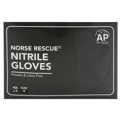 The NORSE RESCUE® Nitrile Gloves, available in various sizes and a distinctive bright blue color, offer robust hand protection for a range of tasks and procedures. Made from durable, puncture-resistant nitrile, these gloves are ideal for those with latex allergies, as they are latex and powder-free. Packaged conveniently in pairs within a small cardboard box, they are essential for medical, first aid, and personal protective scenarios, ensuring safety and hygiene.