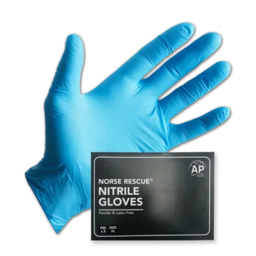 The NORSE RESCUE® Nitrile Gloves, available in various sizes and a distinctive bright blue color, offer robust hand protection for a range of tasks and procedures. Made from durable, puncture-resistant nitrile, these gloves are ideal for those with latex allergies, as they are latex and powder-free. Packaged conveniently in pairs within a small cardboard box, they are essential for medical, first aid, and personal protective scenarios, ensuring safety and hygiene.