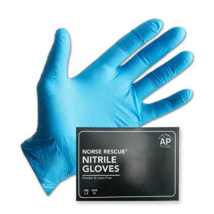 The NORSE RESCUE® Nitrile Gloves, available in various sizes and a distinctive bright blue color, offer robust hand protection for a range of tasks and procedures. Made from durable, puncture-resistant nitrile, these gloves are ideal for those with latex allergies, as they are latex and powder-free. Packaged conveniently in pairs within a small cardboard box, they are essential for medical, first aid, and personal protective scenarios, ensuring safety and hygiene.