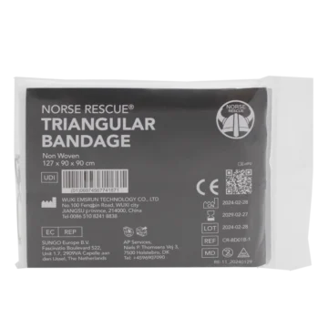 The NORSE RESCUE® Triangular Bandage is a single-use, multi-functional first aid essential, crafted from durable, non-woven material. Ideal for creating slings or supporting splints, this lightweight and comfortable bandage is individually wrapped for convenience, making it a staple in any first aid or emergency kit. - RE-11