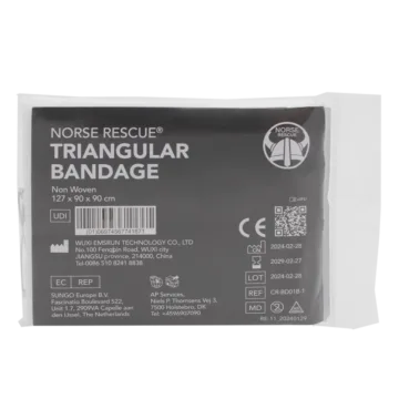 The NORSE RESCUE® Triangular Bandage is a single-use, multi-functional first aid essential, crafted from durable, non-woven material. Ideal for creating slings or supporting splints, this lightweight and comfortable bandage is individually wrapped for convenience, making it a staple in any first aid or emergency kit.