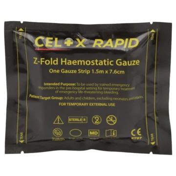 Celox Rapid Hemostatic Gauze, in a 5 ft. Z-fold design, is the fastest-acting hemostatic gauze available, stopping life-threatening bleeding in just 60 seconds, significantly reducing blood loss and treatment time. - CL-00028