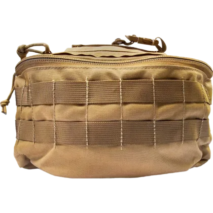 The First Responder Bag in Coyote Brown is a durable, heavy-duty Cordura nylon bag with interior dividers, elastic loops, and exterior modular loops, designed to organize and carry essential emergency supplies.