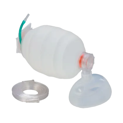 The Pocket BVM with O2 tubing is a compact, all-in-one bag valve mask system designed for patients over 40 kg, providing superior respiratory support with the ability to quickly connect to an oxygen tank. Widely used by military units, it includes a bag, mask, patient valve, reservoir bag, and oxygen tubing.