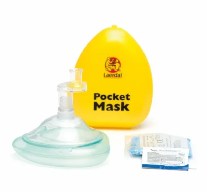 The Laerdal Pocket Mask with Filter & Valve is designed for mouth-to-mask ventilation on adults, children, and infants, providing a barrier between the rescuer and the patient. It includes a hard plastic case, filter, one-way valve, gloves, a wet wipe, and a user guide.