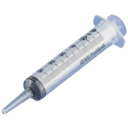 The BD 50 ml Catheter Tip Syringe is a large, sterile syringe designed for attaching probes or tubing. It features leak-tight connections, gradual piston movement, and a transparent body for accuracy and safety. It's latex-free and non-autoclavable, with 1 ml graduations.