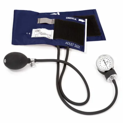 The Blood Pressure Sphygmomanometer with an adult cuff features a navy nylon cuff with range markings, a 300 mmHg manometer, and a chrome-plated air release valve for precise deflation. It comes with a convenient gauge holder and a zippered leatherette carrying case.