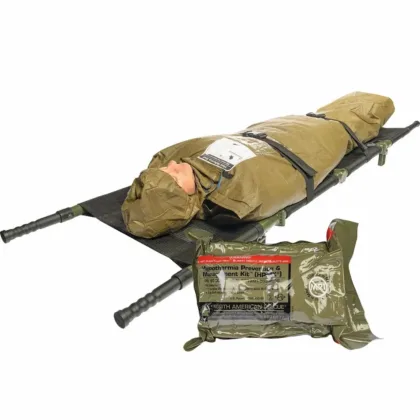 The NAR Hypothermia Prevention and Management Kit (HPMK®) is a CoTCCC-recommended solution for preventing hypothermia in casualty care, featuring a strong, lightweight, and weather-resistant Heat Reflective Shell (HRS™) and a self-heating liner that provides 10 hours of continuous dry heat.