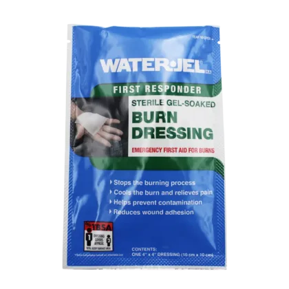 The Water-Jel Burns Bandage 4"x4" provides immediate cooling and pain relief for burns, protecting the affected area from contamination and making clothing removal easier. It is gel-soaked, non-adhesive, and non-woven for effective treatment.