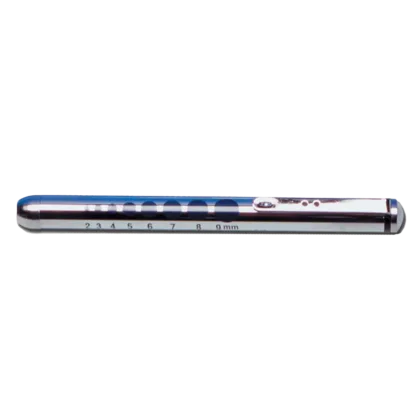 The disposable Penlight with Pupil Gauge features a chrome-plated brass body and LED light, powered by 2 included AAA batteries. It has a pocket clip for easy ON/OFF operation and includes a dual slide ruler and pupil gauge.