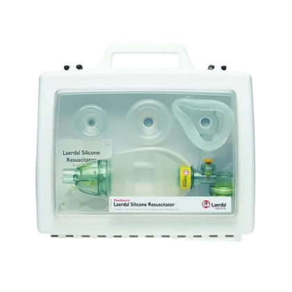 The Laerdal Silicone Resuscitator (LSR) Child Complete in Display Case is a self-inflating, manual resuscitator designed for pediatric patients needing continuous or temporary respiratory assistance. It allows for ventilation with or without supplemental oxygen.