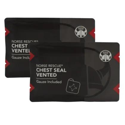 The NORSE RESCUE® Chest Seal Four Channel Vented - Twin Pack is an advanced occlusive dressing designed to treat open chest wounds effectively. Equipped with a medical-grade hydrogel adhesive, it ensures secure adhesion even on skin exposed to blood, sweat, hair, sand, or water. Each pack includes gauze for additional wound care.