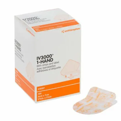 The IV3000 One-hand IV Dressing (6x7 cm) is designed to meet modern care needs at IV insertion sites. It features a REACTIC film with a unique adhesive grid pattern that allows optimal moisture vapor transmission, reducing moisture build-up and bacterial growth. This waterproof dressing supports patient hygiene and comfort, enabling showers while in place.