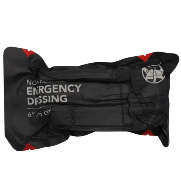 The NORSE RESCUE® Emergency Dressing 6" is a sterile, multi-functional bandage designed for swift and efficient application under stress. Its unique features include Fast-Grip Roll Control tabs for secure deployment, a durable securing device, and a simple, all-in-one design that eliminates the need for pressure bars and hooks. Packaged in a vacuum-sealed, low-cube format with distinctive RED TIP ID® tear notches, it’s an affordable solution for effective immediate care. - CL-500006