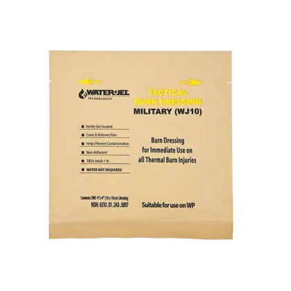 Water-Jel Burn Dressings are military-grade dressings that stop the burning process, cool burns, relieve pain, and protect against contamination. Designed for the U.S. Military, these non-adherent, sterile dressings feature rugged camouflage packaging with night vision compatible tabs and a 5-year shelf life.