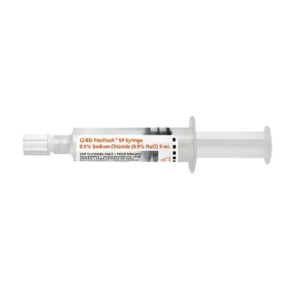 The BD PosiFlush™ 5 ml prefilled syringe is designed for flushing IV catheters. It contains NaCl 9 mg/mL and is made from latex-free materials, including a polypropylene barrel and plunger rod, with a synthetic polyisoprene seal.