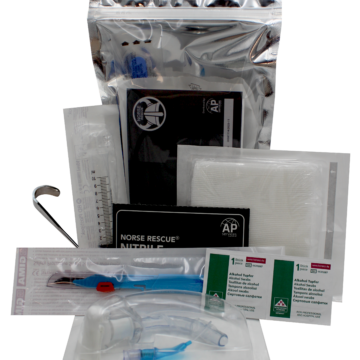 The NORSE RESCUE NNSOCM CRIC, 26F Cricothyrotomy Procedure Pack provides essential tools for performing a cricothyrotomy in emergency situations. This comprehensive pack includes CE-certified, sterile components, ensuring safe and reliable use during critical airway management. Designed for pre-hospital and tactical settings, it supports rapid intervention when traditional intubation is not an option. - AW-900010