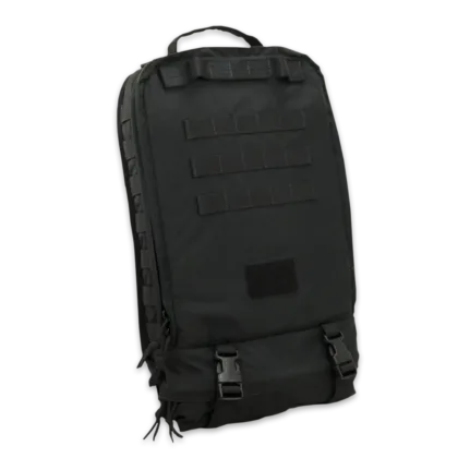 The M-9 Assault Medical Backpack (Black) is a slim, tactical medical pack designed for carrying essential emergency supplies in tight spaces. Developed with insights from a Special Operations medic, it features a drag handle, Velcro for ID patches, PALS webbing for MOLLE attachments, and multiple internal mesh pouches for organized storage.