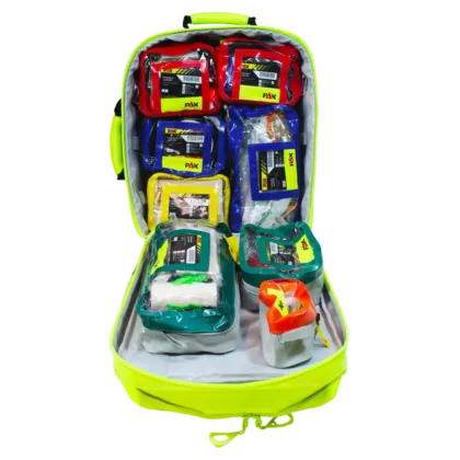 The Enhanced First Aid Kit (EFAK) is specifically designed for offshore industries, offering a customizable selection of essential medical supplies. Packed in the versatile Feldberg AED PAX bag, it includes tools like CAT tourniquets, bandages, airway management tools, and a suction device, all neatly organized for quick access.