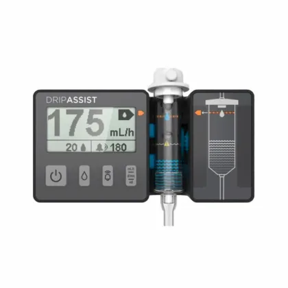 DripAssist is an FDA/CE-cleared infusion rate monitor that accurately counts IV drip rates with 99% precision, eliminating the need for a pump. It's portable, easy to use, and compatible with most IV sets, making it ideal for remote and emergency situations.