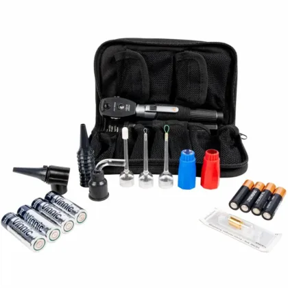 The Deluxe Field Corpsman Kit from North American Rescue (NAR) is a lightweight, durable, and portable diagnostic kit, ideal for providing excellent performance and flexibility in the field. This water-resistant kit includes high-intensity lights, an ophthalmoscope, and various magnifiers for day or night examinations. It also comes with specialized tools for ear and eye care, all stored in a soft, padded case. Batteries are included for immediate use, though fluorescein strips are not supplied.