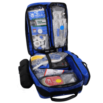 The FULL TRAUMA KIT, EXW, meets UNHCR and World Food Program specifications, designed for comprehensive emergency response. It includes a Rescue Backpack with the capacity to carry a combined Bodybag/Soft stretcher and essential medical supplies for trauma care in field conditions. - UN-TRAUMA-KIT-EXW