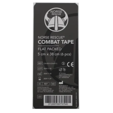 The NORSE RESCUE Combat Tape, Flat Packed, is a multipurpose industrial grade adhesive solution designed for outdoor and adventure IFAKs, as well as vacuum-sealed kits where a full roll of tape is unnecessary. Each kit contains six 2" × 15" strips with easy peel-off backing, offering strong and stable adhesion to various surfaces. Lightly vacuum-sealed for compact storage without compromising flexibility, the tape is packaged in a clear resealable poly bag for convenience. Ideal for emergency and tactical applications, it ensures secure adhesion in critical situations while maintaining a compact footprint in medical kits. Latex Free. - IM-100070