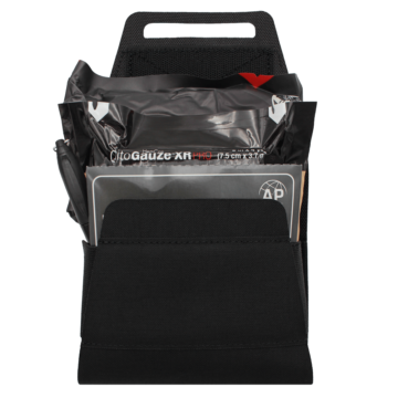 The NORSE RESCUE® Micro Bag in black is a compact and durable storage solution designed for quick access to essential medical supplies. Made from rugged CORDURA® fabric, it features a UTX safety buckle, pre-drilled holes for carrying tourniquets, and an elastic side band for expandable capacity. The quick-release handle and detachable inner pocket enhance accessibility, while the MOLLE system ensures secure attachment to gear. - BA-100037