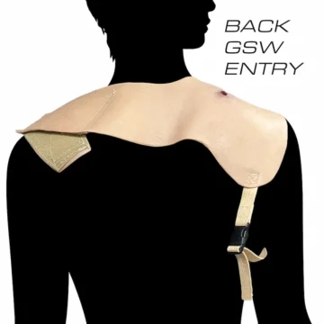 The Gunshot Wound Clavicle (Right) is a wearable simulation of a through-and-through gunshot injury, exposing fat, muscle, bone, and tendons. Featuring packable entry and exit wounds, it includes a bleeding system and provides realistic crepitus sensation for enhanced training. - SÅR-WW3-909