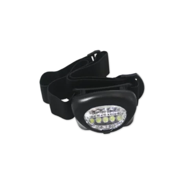 This compact and lightweight 5 LED headlight provides reliable illumination for hands-free use, powered by 3 AAA batteries (not included). It features a durable black elastic strap that is adjustable for a secure and comfortable fit. - AC-00214