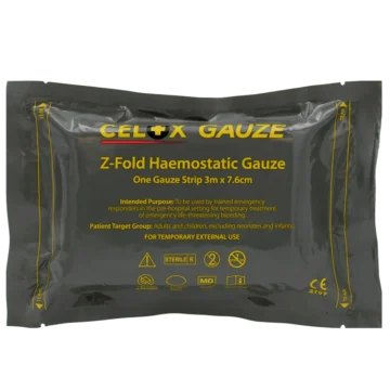 Celox™ Gauze Z-Fold 3 m is a chitosan-coated, non-woven hemostatic dressing that rapidly controls severe bleeding in deep or irregular wounds. Its compact, easy-apply design makes it indispensable for military, tactical, and emergency responders. - Cl-00017