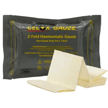Celox™ Gauze Z-Fold 3 m is a chitosan-coated, non-woven hemostatic dressing that rapidly controls severe bleeding in deep or irregular wounds. Its compact, easy-apply design makes it indispensable for military, tactical, and emergency responders. - Cl-00017