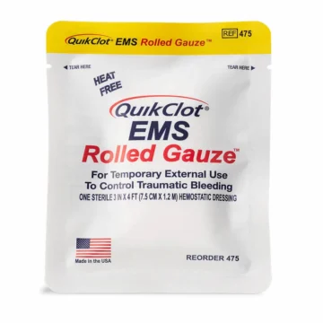 QuikClot EMS Rolled Gauze is a sterile, nonwoven hemostatic dressing impregnated with kaolin that accelerates the body’s natural clotting cascade for rapid hemorrhage control. Measuring 7.6 cm × 1.22 m (3 in × 4 ft) and offering a three-year shelf life, it uses the same intuitive packing technique as standard gauze to quickly pack and wrap bleeding wounds in pre-hospital emergency care. - CL-100165