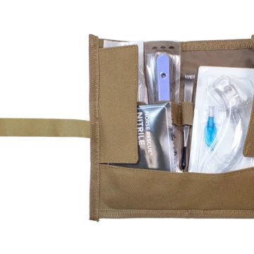 The NORSE RESCUE® Cric Pouch is a compact, foldable storage solution designed to securely organize cricothyrotomy equipment for emergency airway management in pre-hospital environments. Built for rapid access and easy integration into tactical or trauma kits, it supports efficient deployment in critical situations. - BA-100075