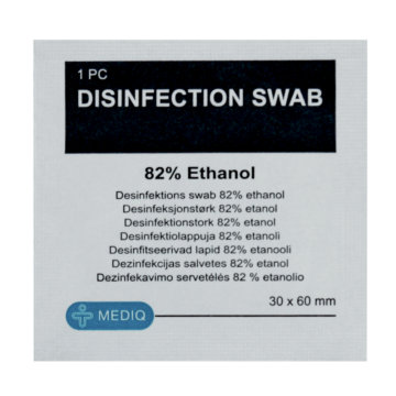 Single-packed disinfection swabs containing 82% ethanol, designed for effective skin cleaning prior to injection. Glycerol-free to prevent greasy residue, ensuring a clean and quick-drying surface. - EE-100101