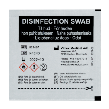 Single-packed disinfection swabs containing 82% ethanol, designed for effective skin cleaning prior to injection. Glycerol-free to prevent greasy residue, ensuring a clean and quick-drying surface. - EE-100101