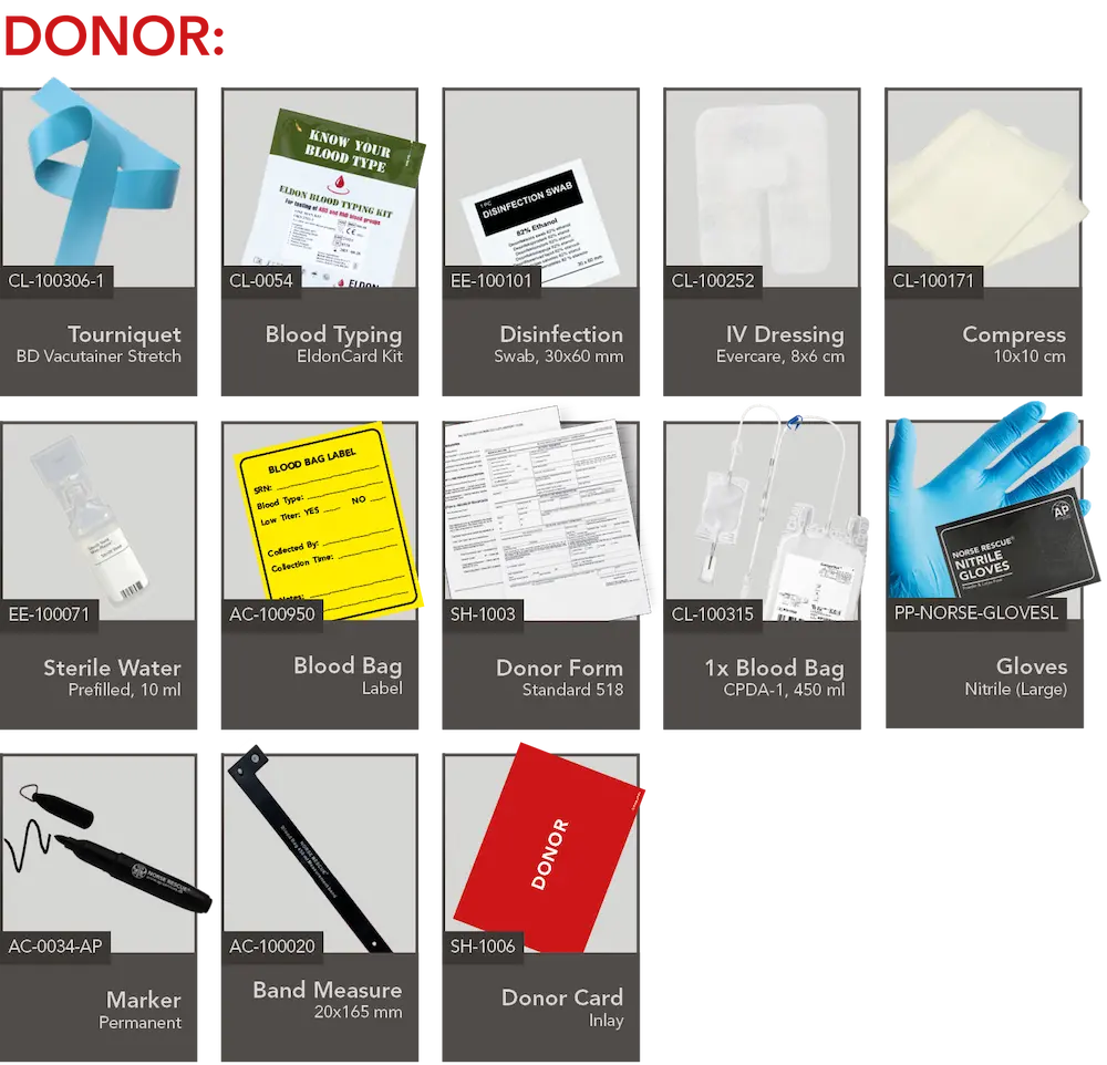 NORSE RESCUE Blood Transfusion Kit 6 The NORSE RESCUE® Blood Transfusion Kit is a comprehensive and meticulously curated emergency medical solution designed for life-saving transfusions in any environment. This kit contains high-quality, reliable equipment, including a transfusion set, blood bag, EldonCard Blood Type Kits, and necessary safety and sanitary supplies to ensure safe and efficient blood transfusions in the field. - CL-100305