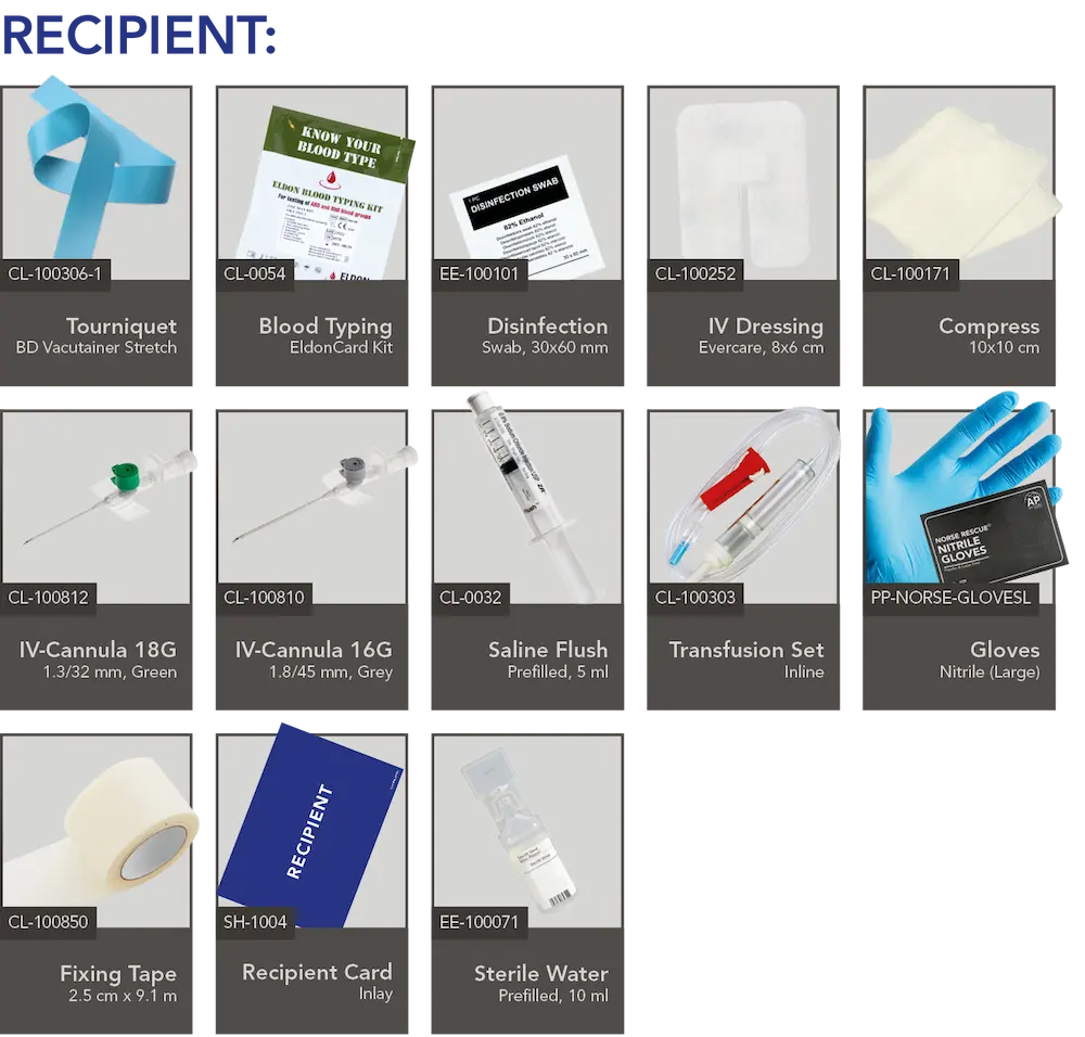 NORSE RESCUE Blood Transfusion Kit 7 The NORSE RESCUE® Blood Transfusion Kit is a comprehensive and meticulously curated emergency medical solution designed for life-saving transfusions in any environment. This kit contains high-quality, reliable equipment, including a transfusion set, blood bag, EldonCard Blood Type Kits, and necessary safety and sanitary supplies to ensure safe and efficient blood transfusions in the field. - CL-100305